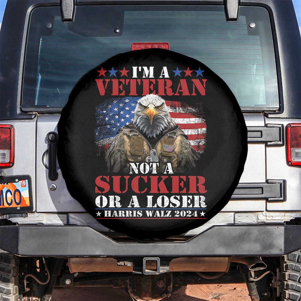 Harris Walz 2024 Spare Tire Cover I'm A Veteran Not A Sucker Or A Loser Eagle American Flag TS11 No hole Black Print Your Wear