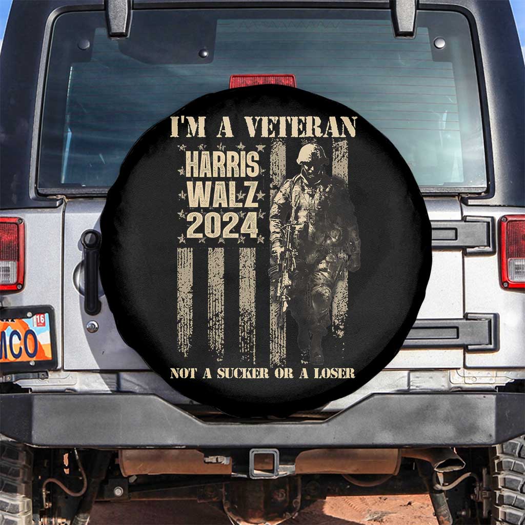Harris Walz 2024 Spare Tire Cover I'm A Veteran Not A Sucker Or A Loser Vintage American Flag Military TS11 No hole Black Print Your Wear
