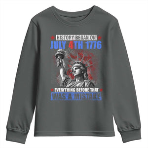 History Began July 4th 1776 Youth Sweatshirt Bold Patriotic Statement Statue of Liberty TS02 Dark Heather Print Your Wear