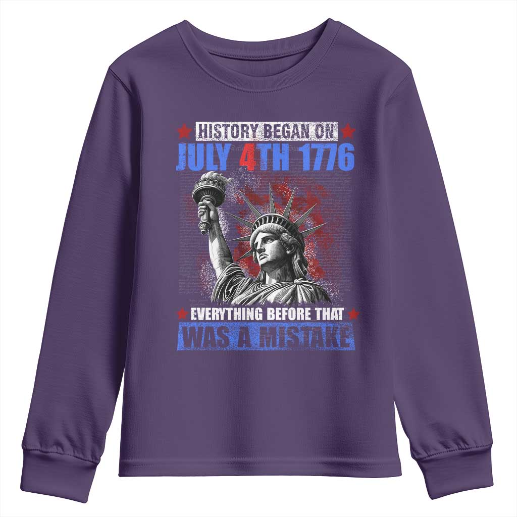 History Began July 4th 1776 Youth Sweatshirt Bold Patriotic Statement Statue of Liberty TS02 Purple Print Your Wear