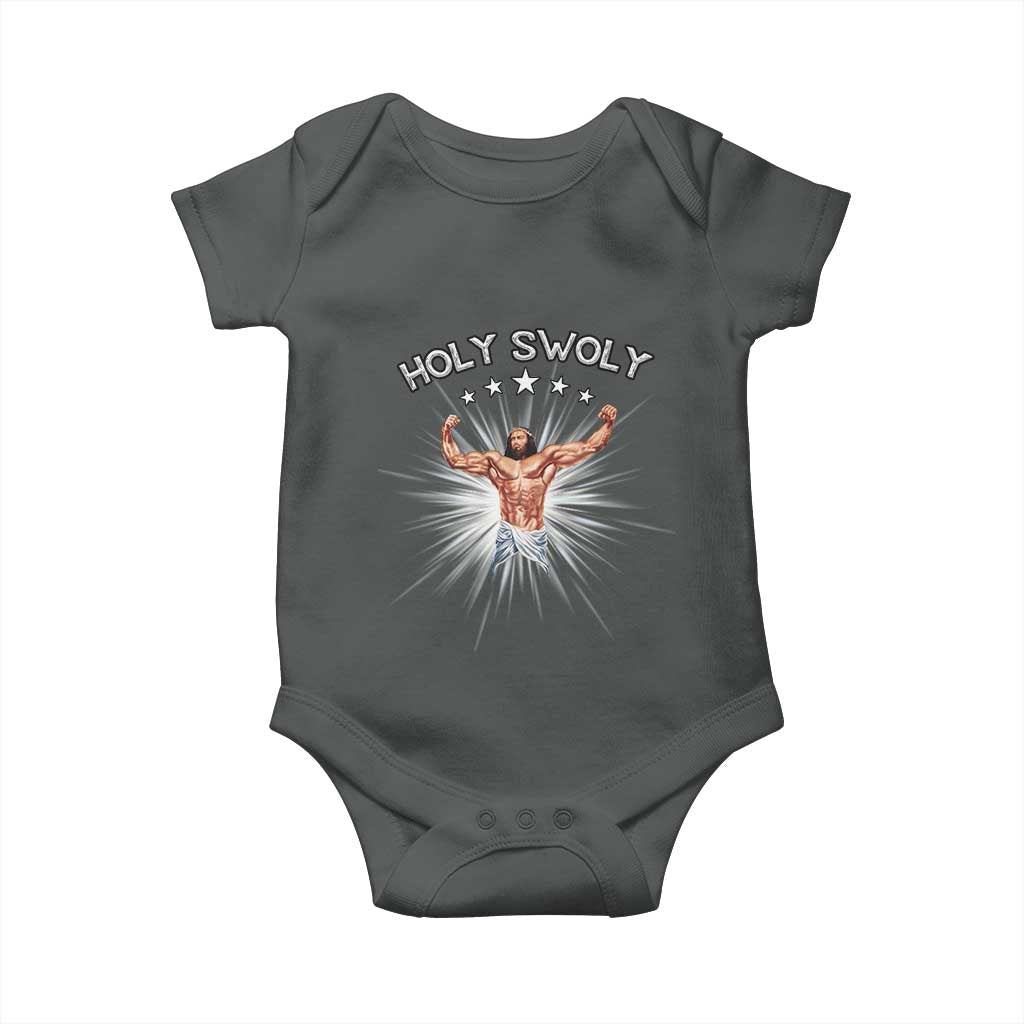 Holy Swoly Baby Onesie Funny Jesus Workout Motivation Bodybuilding Fitness TS02 Dark Heather Print Your Wear