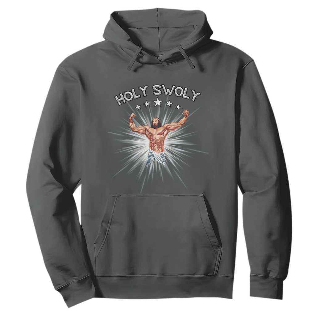 Holy Swoly Hoodie Funny Jesus Workout Motivation Bodybuilding Fitness TS02 Dark Heather Print Your Wear