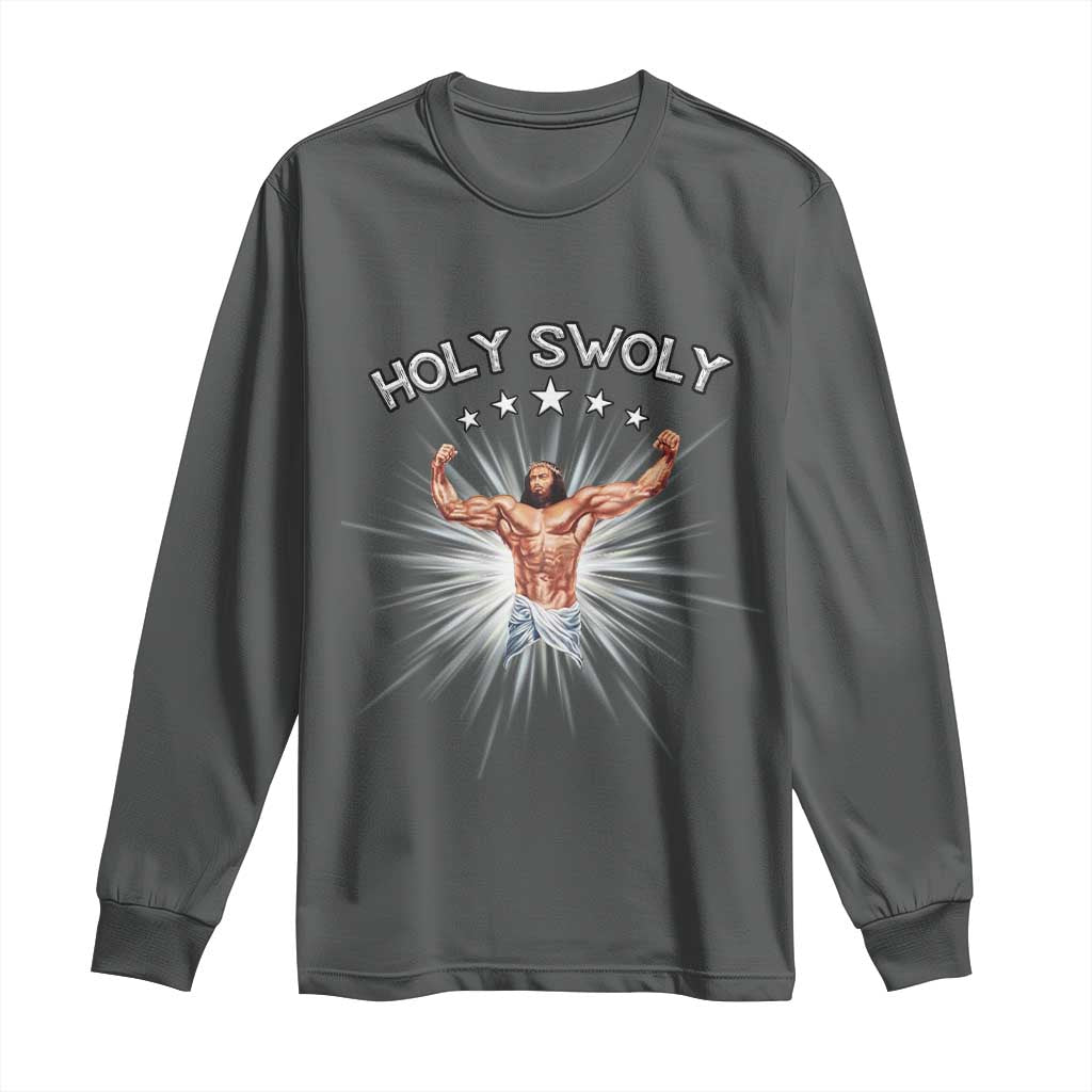 Holy Swoly Long Sleeve Shirt Funny Jesus Workout Motivation Bodybuilding Fitness TS02 Dark Heather Print Your Wear