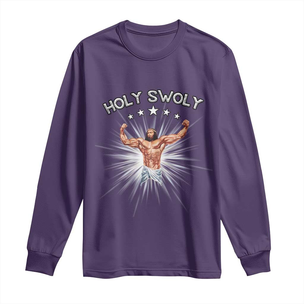 Holy Swoly Long Sleeve Shirt Funny Jesus Workout Motivation Bodybuilding Fitness TS02 Purple Print Your Wear