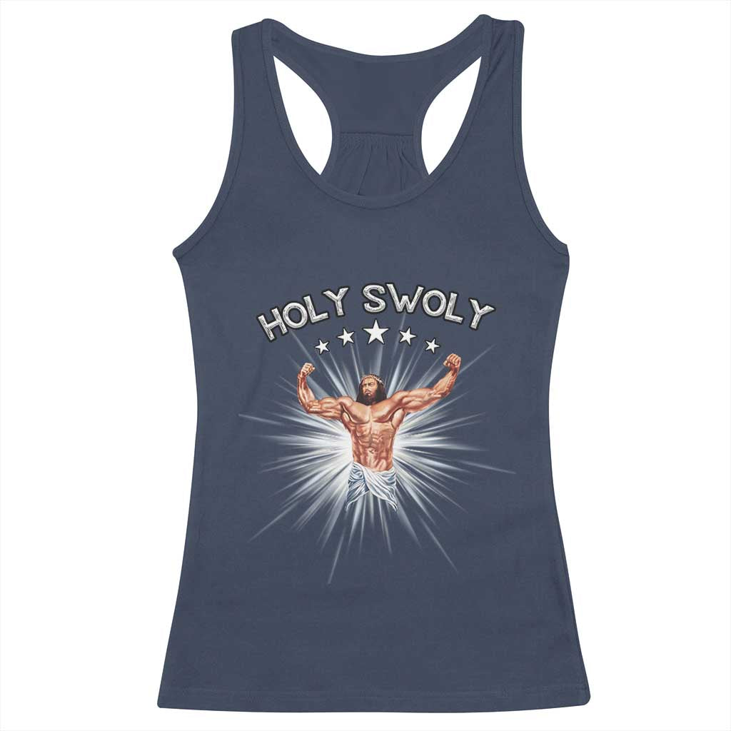 Holy Swoly Racerback Tank Top Funny Jesus Workout Motivation Bodybuilding Fitness TS02 Navy Print Your Wear