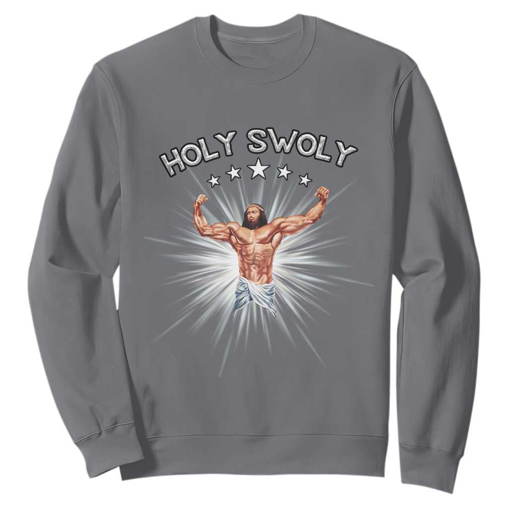 Holy Swoly Sweatshirt Funny Jesus Workout Motivation Bodybuilding Fitness TS02 Charcoal Print Your Wear