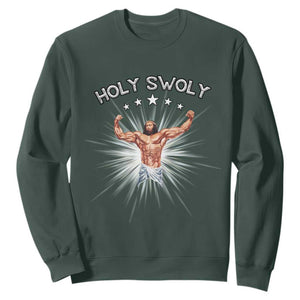 Holy Swoly Sweatshirt Funny Jesus Workout Motivation Bodybuilding Fitness TS02 Dark Forest Green Print Your Wear