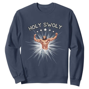 Holy Swoly Sweatshirt Funny Jesus Workout Motivation Bodybuilding Fitness TS02 Navy Print Your Wear