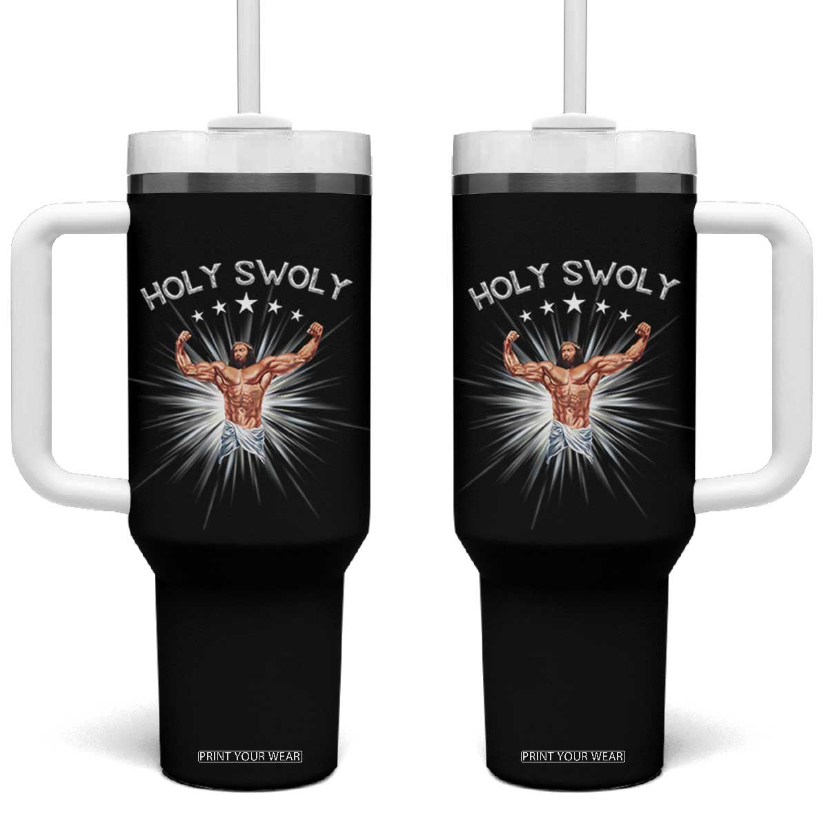 Holy Swoly Tumbler With Handle Funny Jesus Workout Motivation Bodybuilding Fitness TS02 One Size: 40 oz Black Print Your Wear
