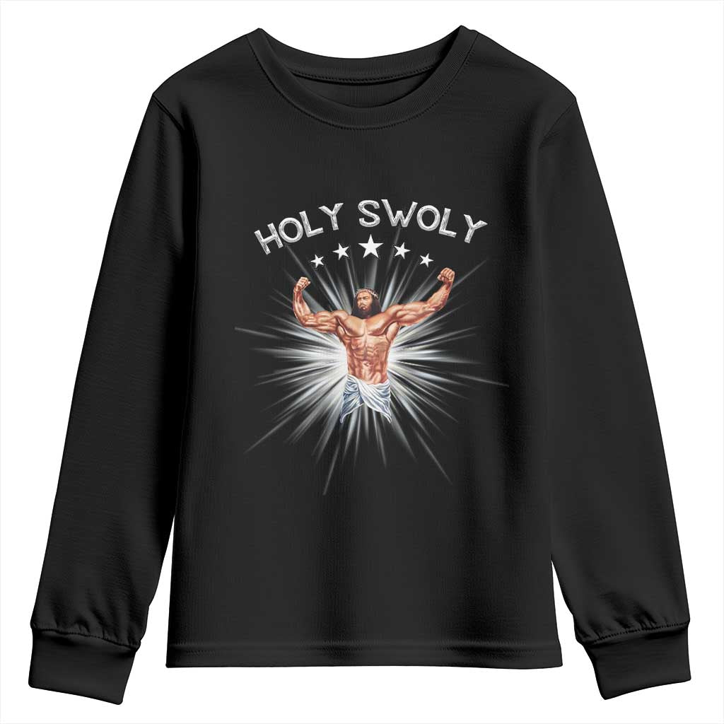 Holy Swoly Youth Sweatshirt Funny Jesus Workout Motivation Bodybuilding Fitness TS02 Black Print Your Wear