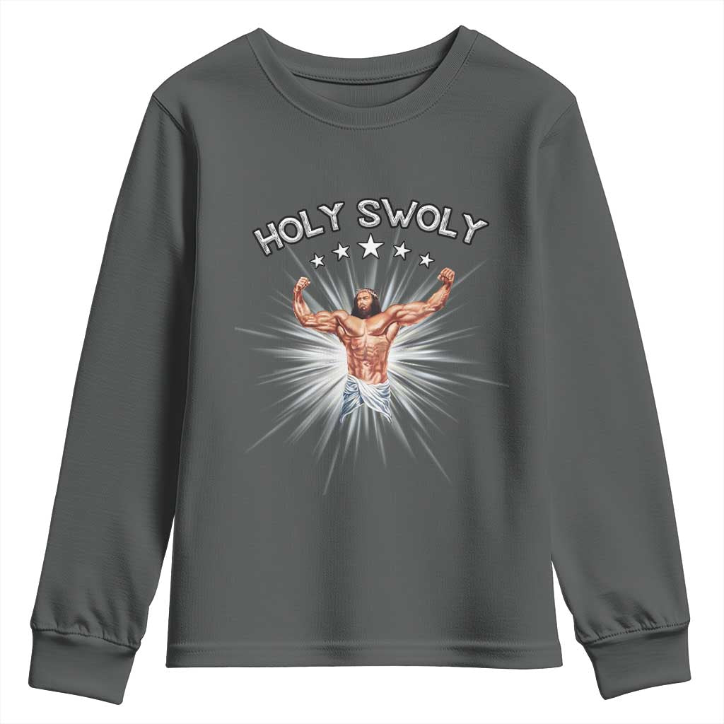 Holy Swoly Youth Sweatshirt Funny Jesus Workout Motivation Bodybuilding Fitness TS02 Dark Heather Print Your Wear