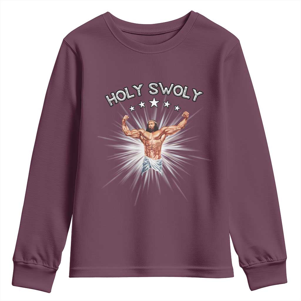 Holy Swoly Youth Sweatshirt Funny Jesus Workout Motivation Bodybuilding Fitness TS02 Maroon Print Your Wear