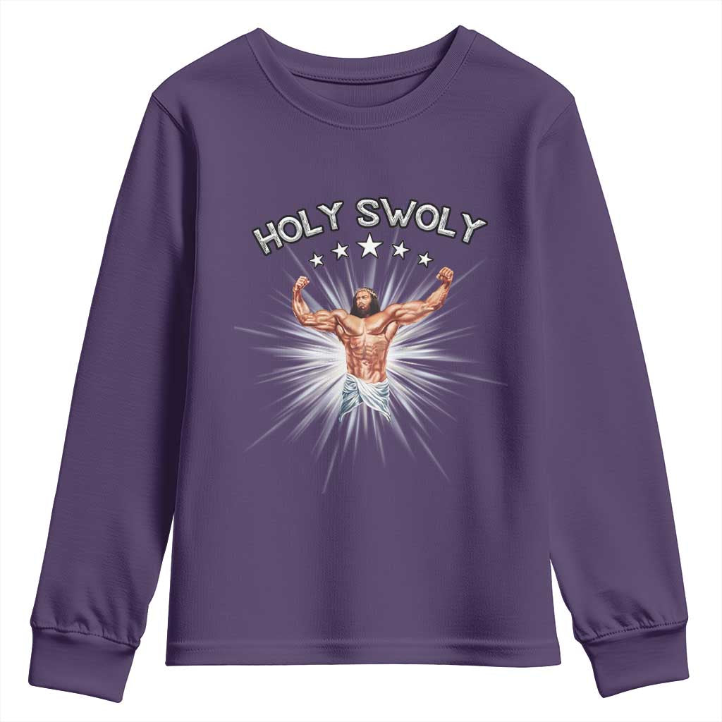 Holy Swoly Youth Sweatshirt Funny Jesus Workout Motivation Bodybuilding Fitness TS02 Purple Print Your Wear