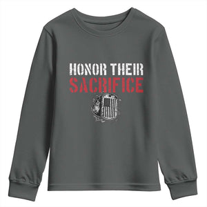 Honor Their Sacrifice Youth Sweatshirt Veteran Memorial Day Military Dog Tag TS11 Dark Heather Print Your Wear