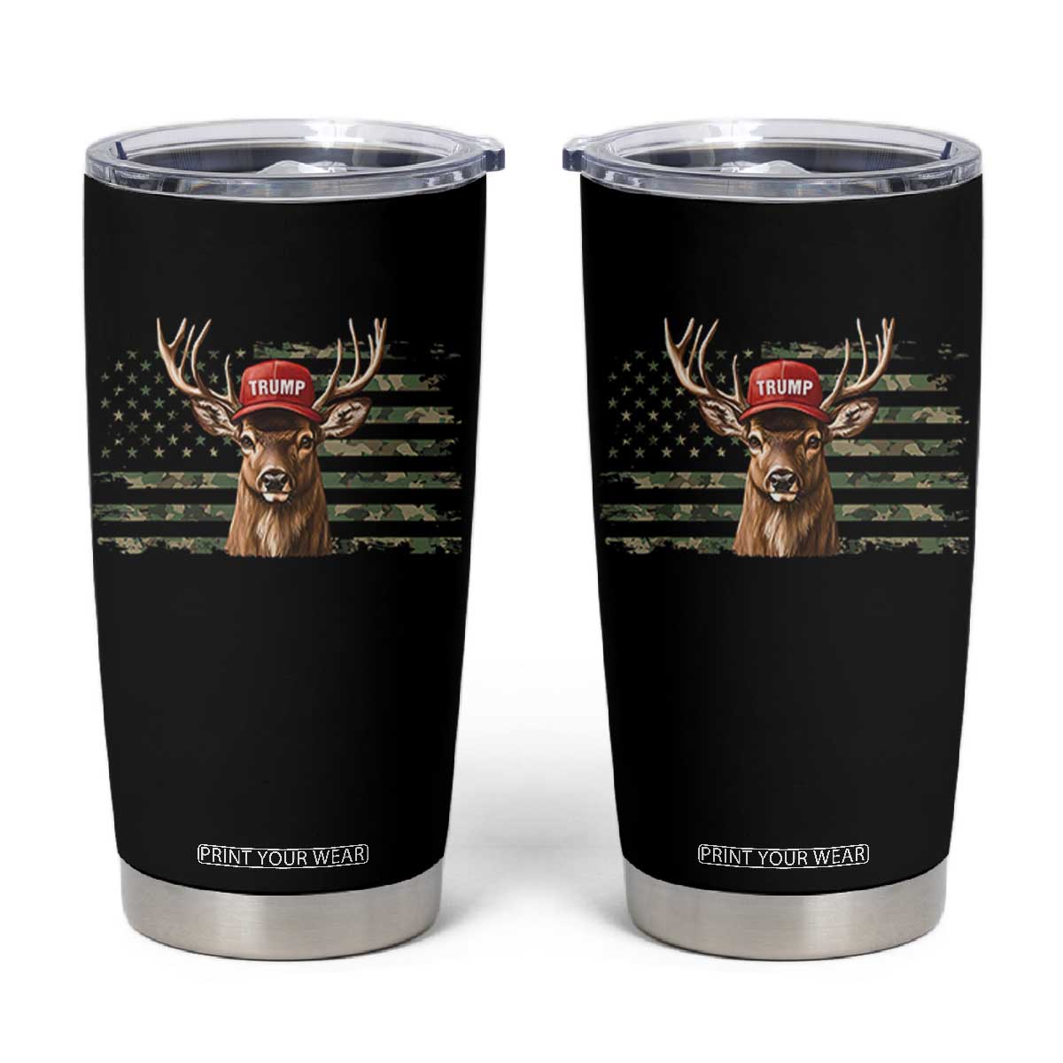 Hunting Trump Tumbler Cup Antlers Deer Camouflage USA Flag Trump Support TS10 Black Print Your Wear
