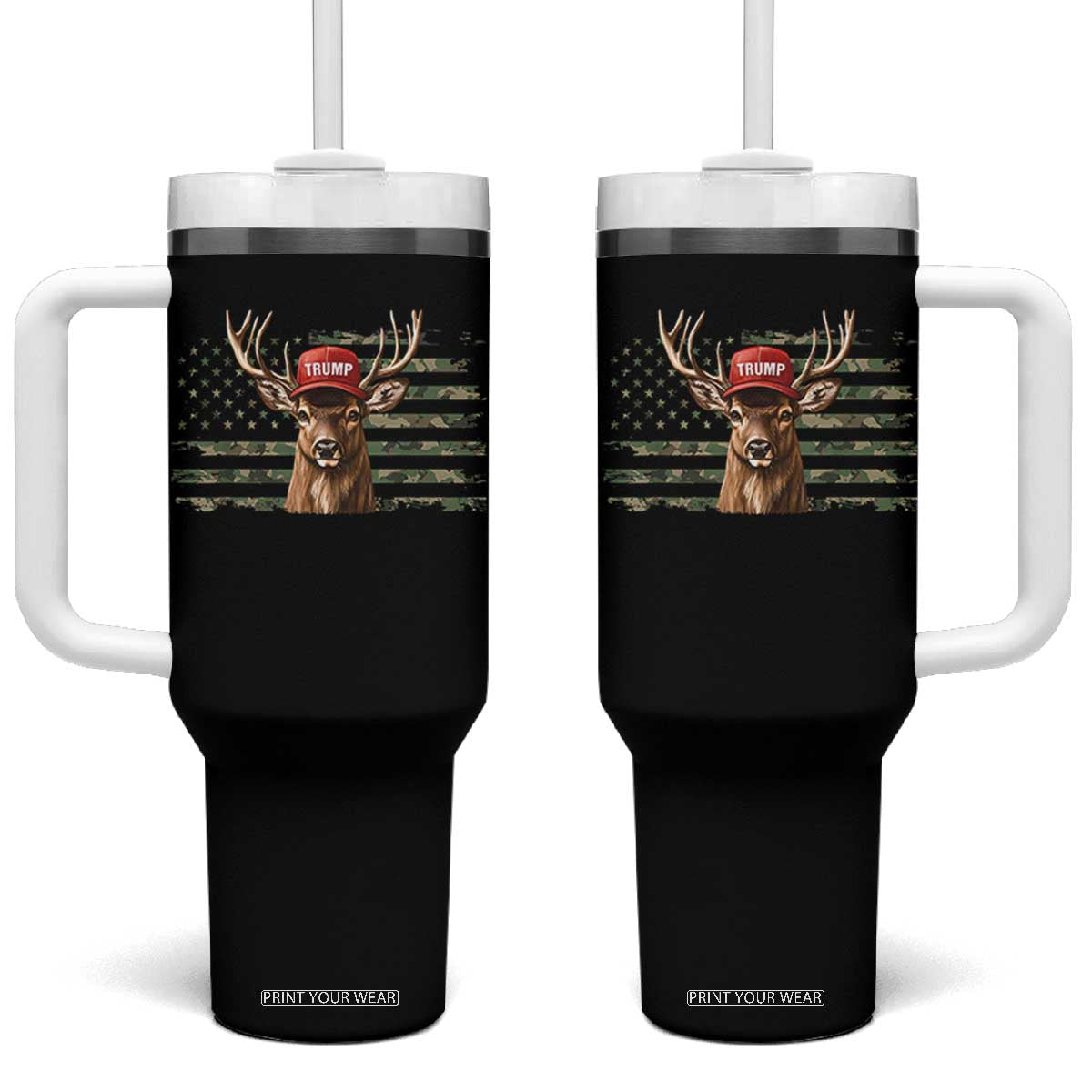 Hunting Trump Tumbler With Handle Antlers Deer Camouflage USA Flag Trump Support TS10 One Size: 40 oz Black Print Your Wear