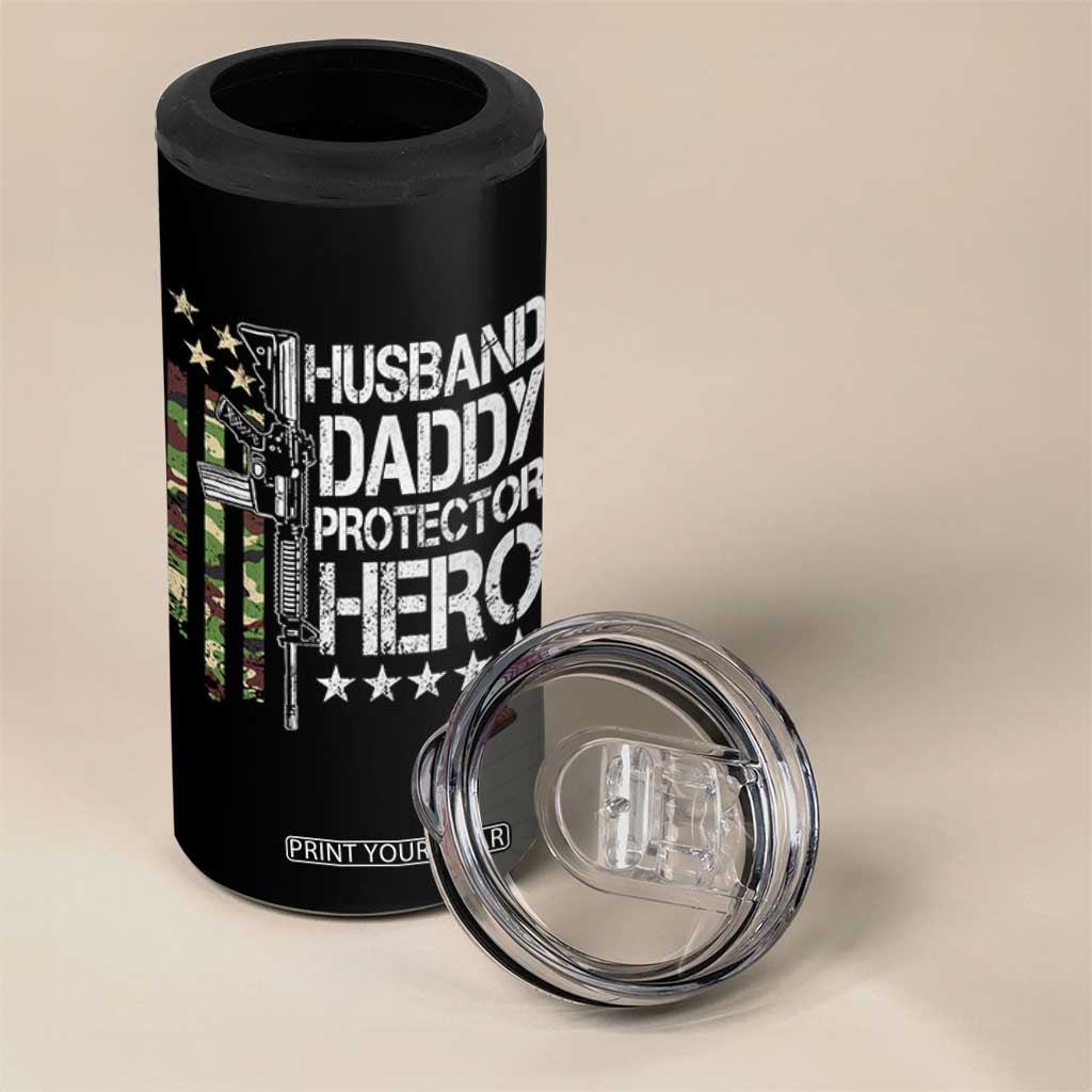 Husband Daddy Protector Hero 4 in 1 Can Cooler Tumbler Dad Guns Fathers Day Camo American Flag TS10 Print Your Wear