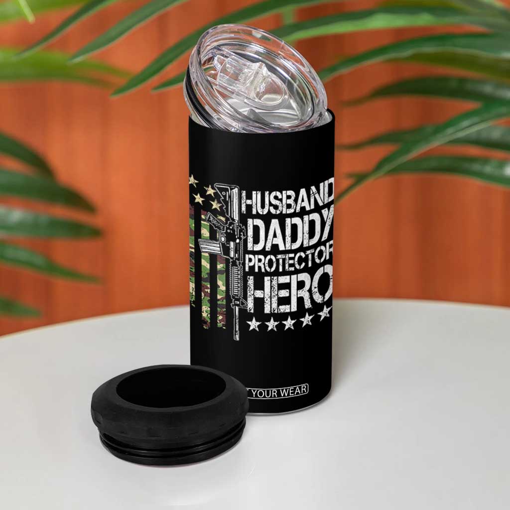 Husband Daddy Protector Hero 4 in 1 Can Cooler Tumbler Dad Guns Fathers Day Camo American Flag TS10 Print Your Wear
