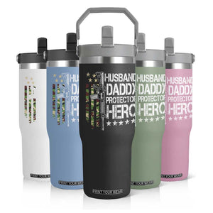 Husband Daddy Protector Hero Flip Straw Tumbler Dad Guns Fathers Day Camo American Flag TS10 Print Your Wear