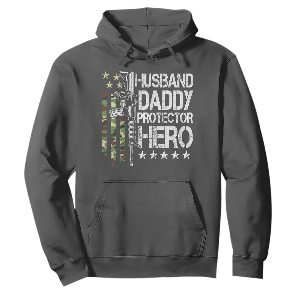 Husband Daddy Protector Hero Hoodie Dad Guns Fathers Day Camo American Flag TS10 Dark Heather Print Your Wear