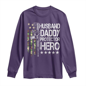 Husband Daddy Protector Hero Long Sleeve Shirt Dad Guns Fathers Day Camo American Flag TS10 Purple Print Your Wear