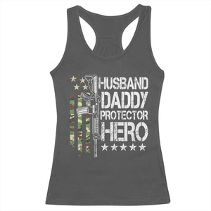 Husband Daddy Protector Hero Racerback Tank Top Dad Guns Fathers Day Camo American Flag TS10 Dark Heather Print Your Wear