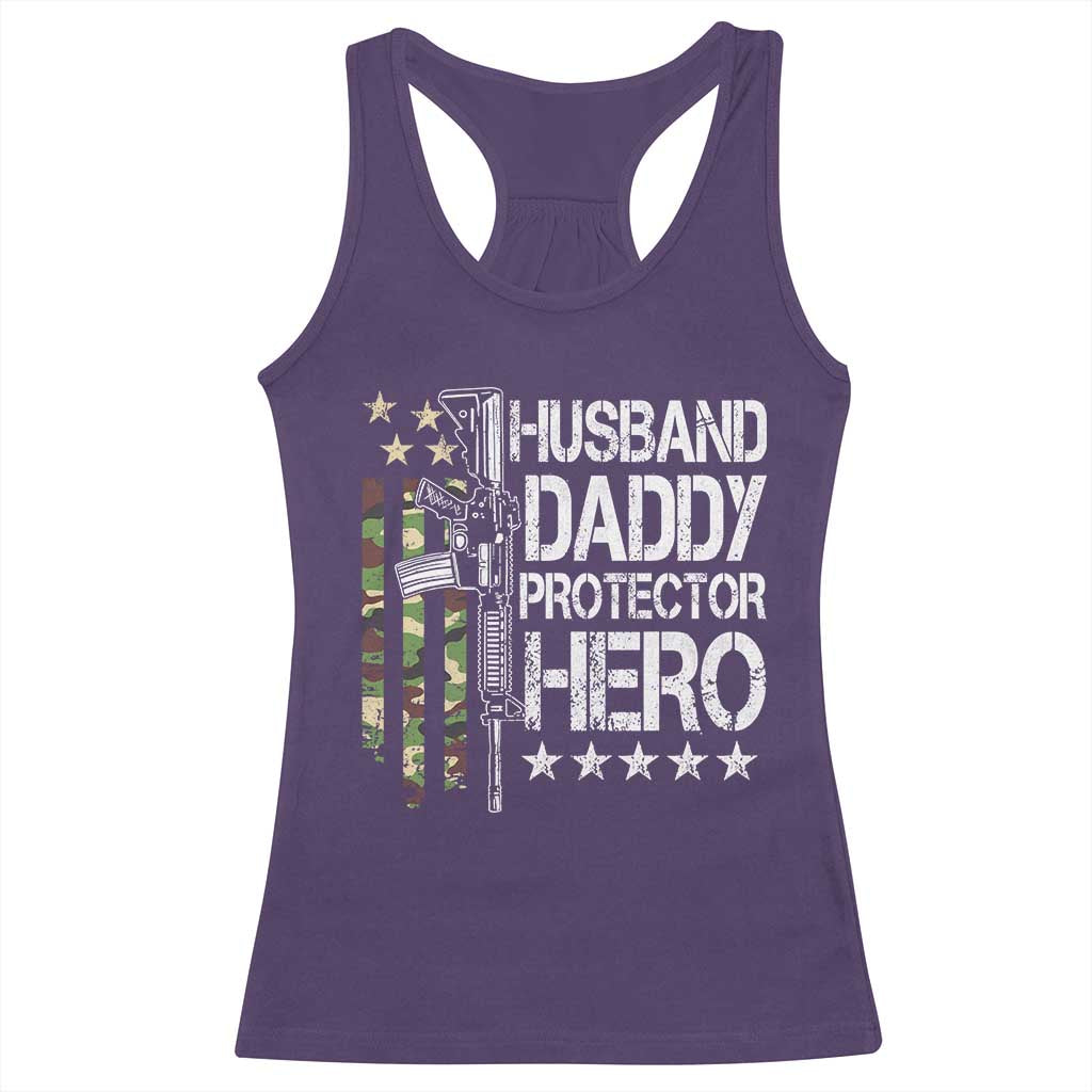 Husband Daddy Protector Hero Racerback Tank Top Dad Guns Fathers Day Camo American Flag TS10 Purple Print Your Wear