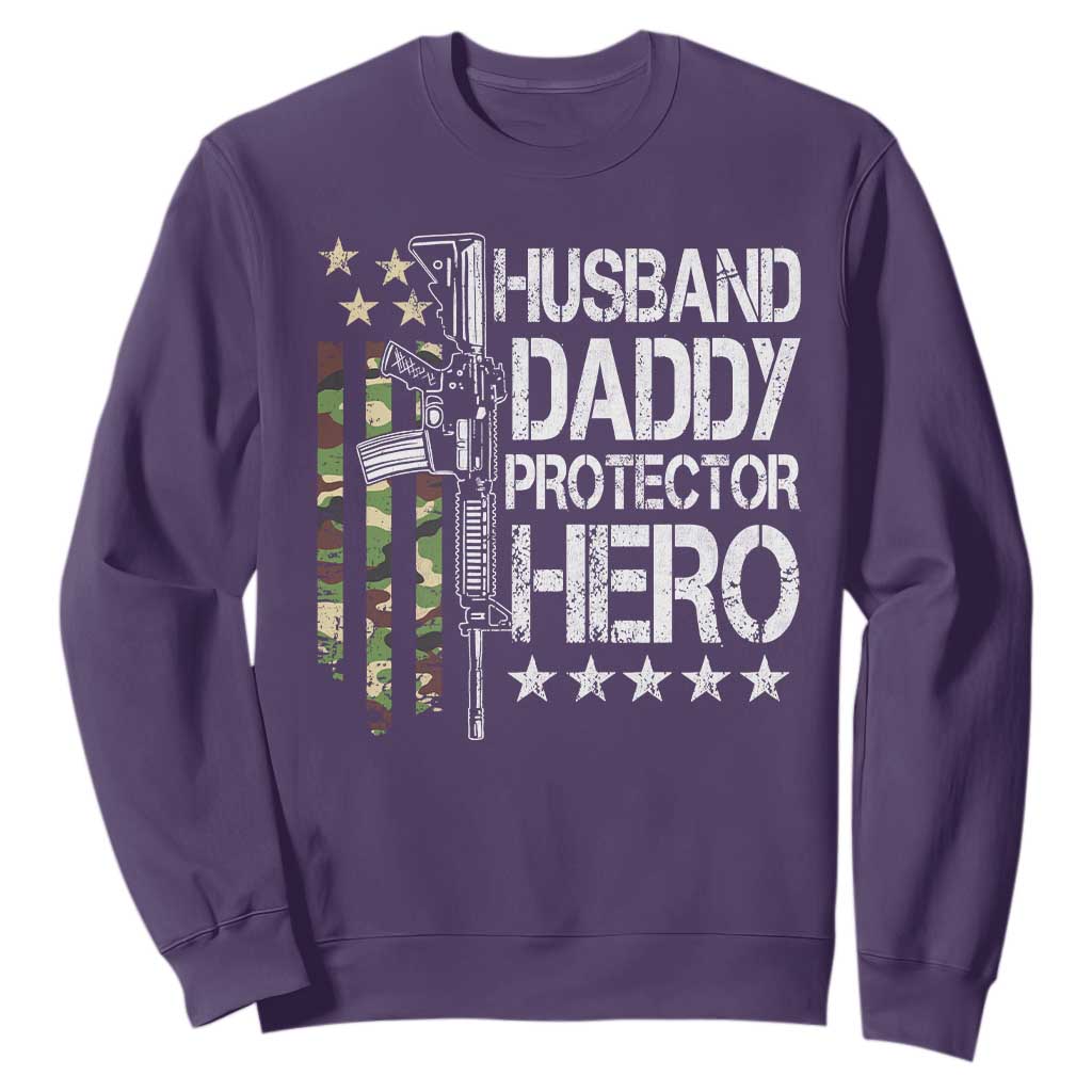 Husband Daddy Protector Hero Sweatshirt Dad Guns Fathers Day Camo American Flag TS10 Purple Print Your Wear