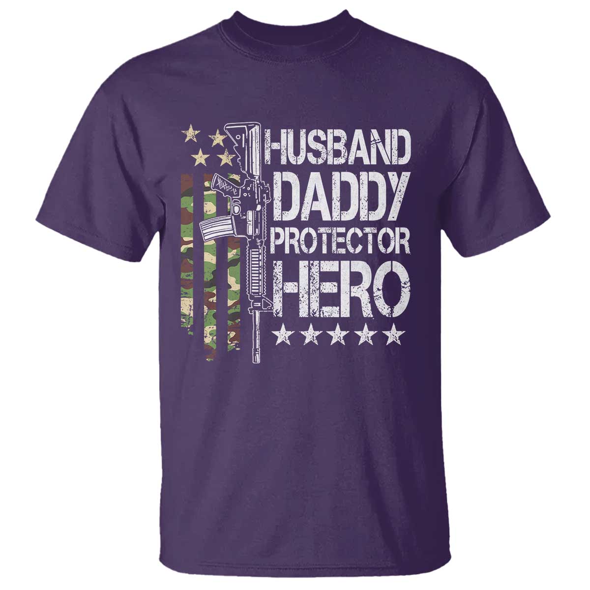Husband Daddy Protector Hero T Shirt Dad Guns Fathers Day Camo American Flag TS10 Purple Print Your Wear