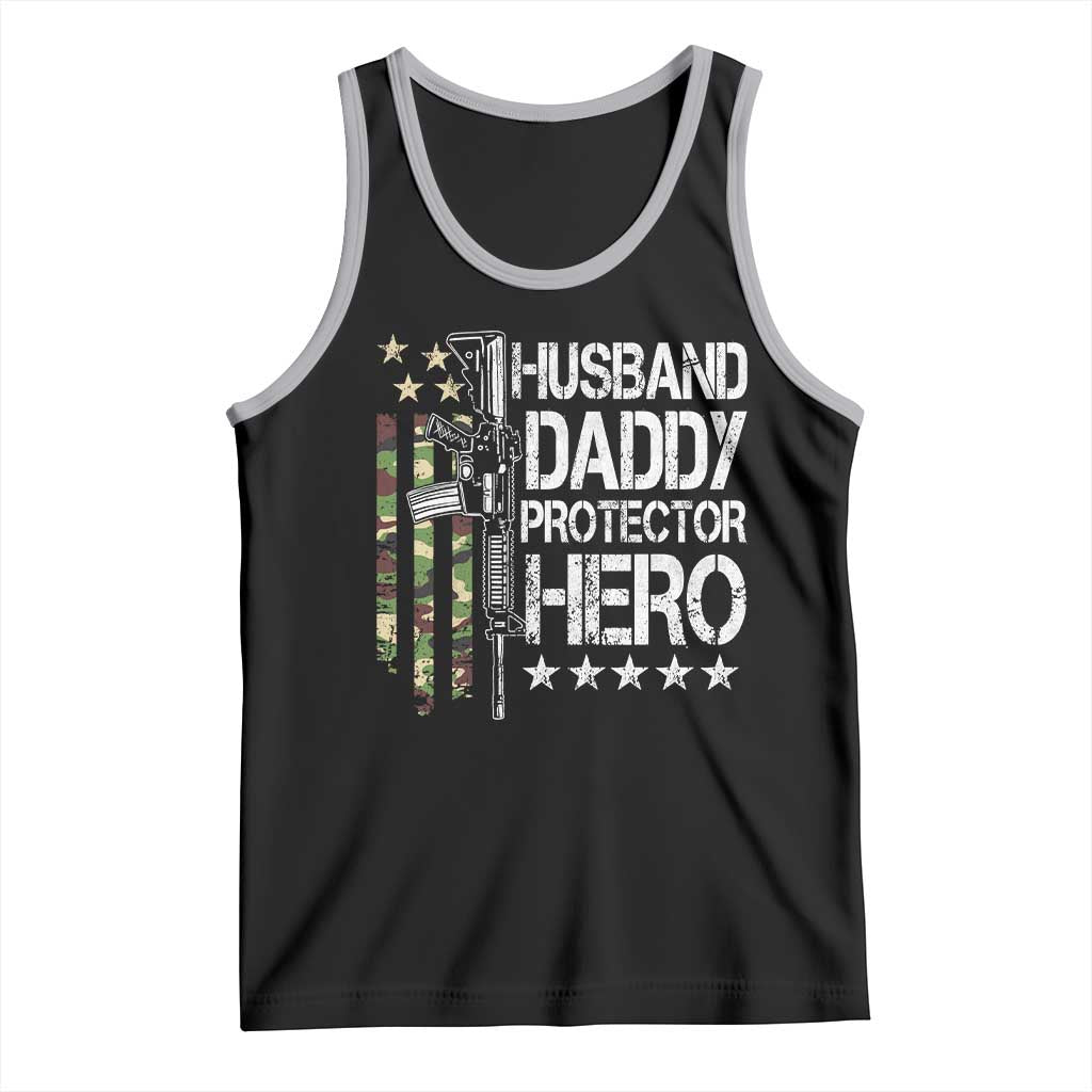 Husband Daddy Protector Hero Tank Top Dad Guns Fathers Day Camo American Flag TS10 Black Athletic Heather Print Your Wear