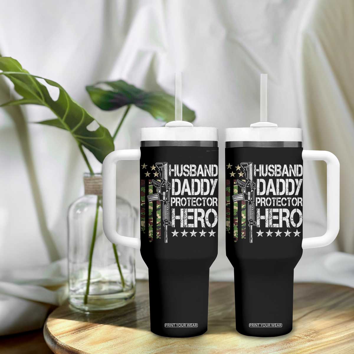 Husband Daddy Protector Hero Tumbler With Handle Dad Guns Fathers Day Camo American Flag TS10 Print Your Wear