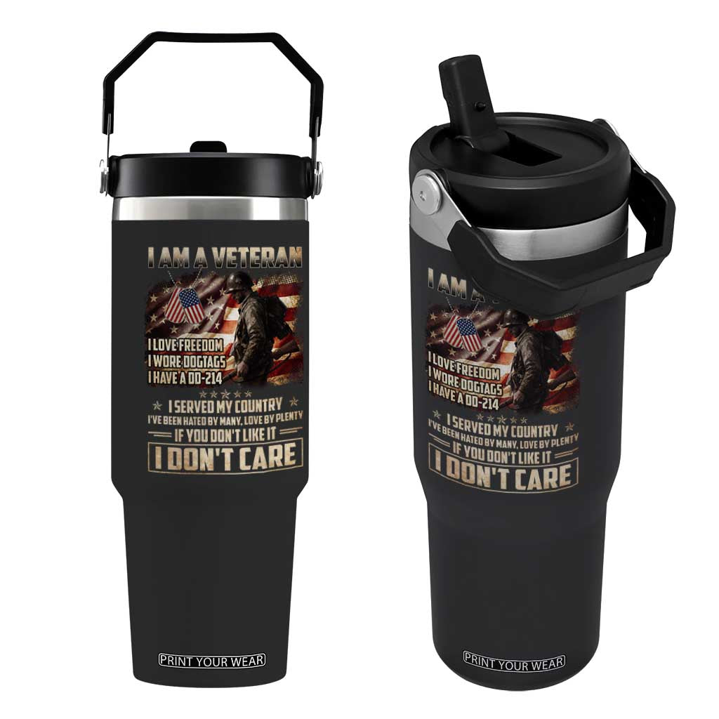 I Am A Veteran I Served My Country If You Don't Like It I Don't Care Flip Straw Tumbler TS11 One Size: 30 oz Black Print Your Wear