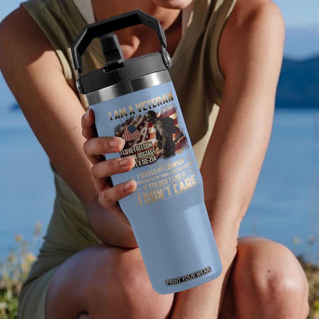 I Am A Veteran I Served My Country If You Don't Like It I Don't Care Flip Straw Tumbler TS11 One Size: 30 oz Light Blue Print Your Wear