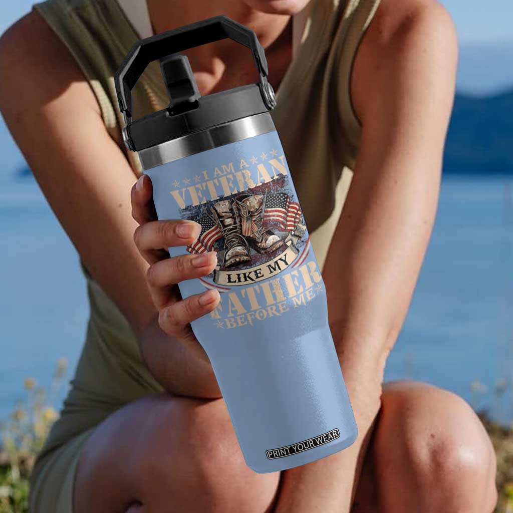 I Am A Veteran Like My Father Before Me Flip Straw Tumbler Vintage American Flag TS11 One Size: 30 oz Light Blue Print Your Wear