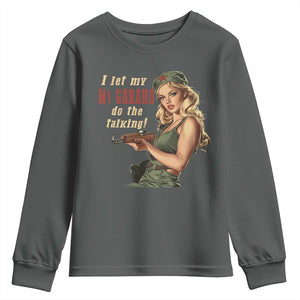 I Let My M1 Garand Do The Talking Youth Sweatshirt WWII Pin Up TS11 Dark Heather Print Your Wear