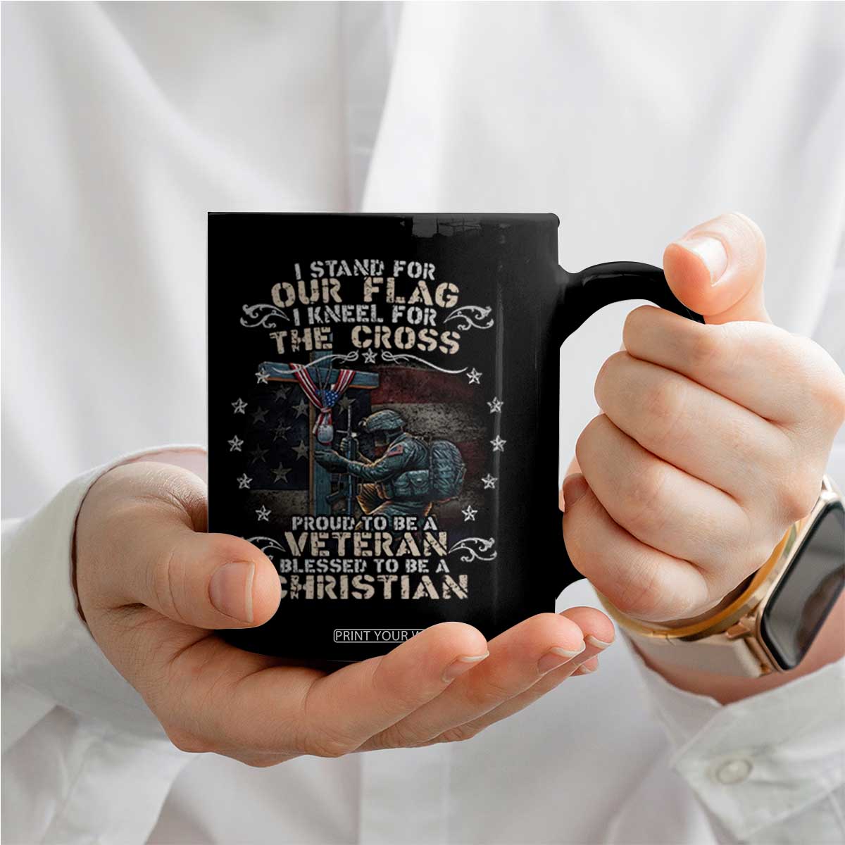 I Stand For Our Flag I Kneel For The Cross Proud Christian Veteran Coffee Mug TS11 Print Your Wear