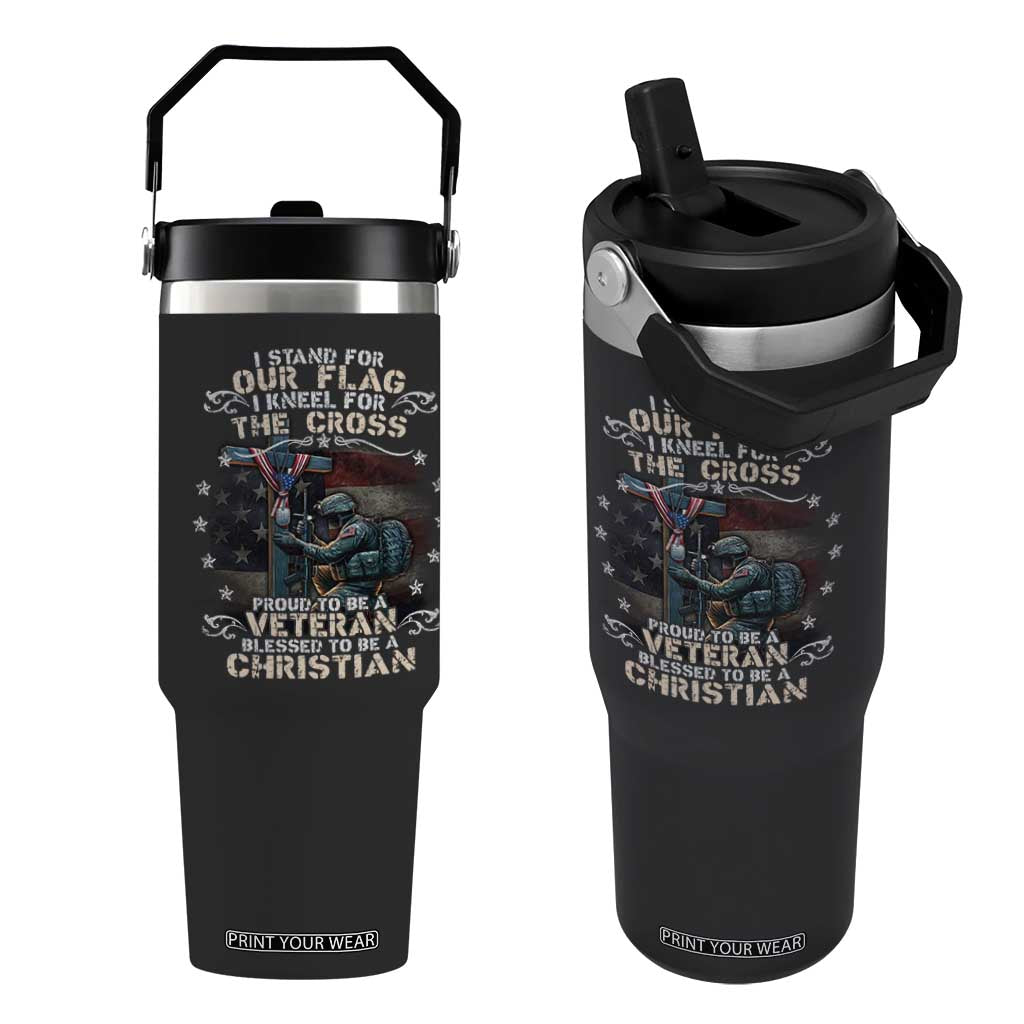 I Stand For Our Flag I Kneel For The Cross Proud Christian Veteran Flip Straw Tumbler TS11 One Size: 30 oz Black Print Your Wear
