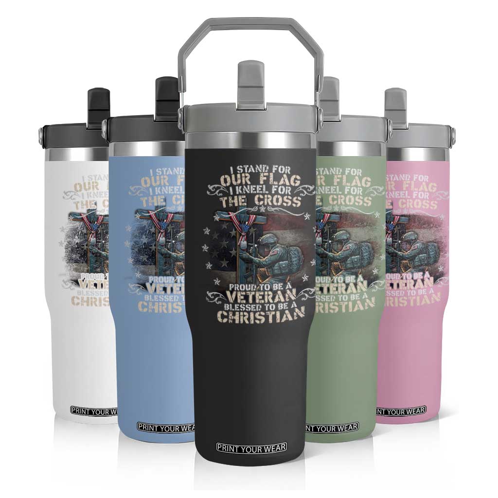 I Stand For Our Flag I Kneel For The Cross Proud Christian Veteran Flip Straw Tumbler TS11 Print Your Wear
