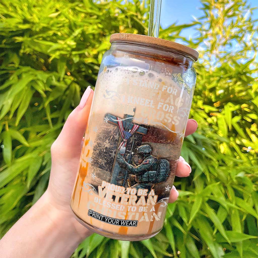 I Stand For Our Flag I Kneel For The Cross Proud Christian Veteran Glass Can TS11 Print Your Wear