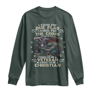 I Stand For Our Flag I Kneel For The Cross Proud Christian Veteran Long Sleeve Shirt TS11 Dark Forest Green Print Your Wear