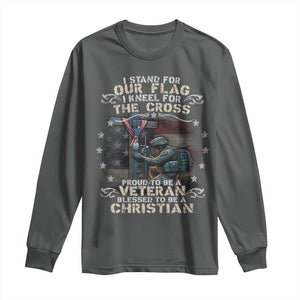 I Stand For Our Flag I Kneel For The Cross Proud Christian Veteran Long Sleeve Shirt TS11 Dark Heather Print Your Wear