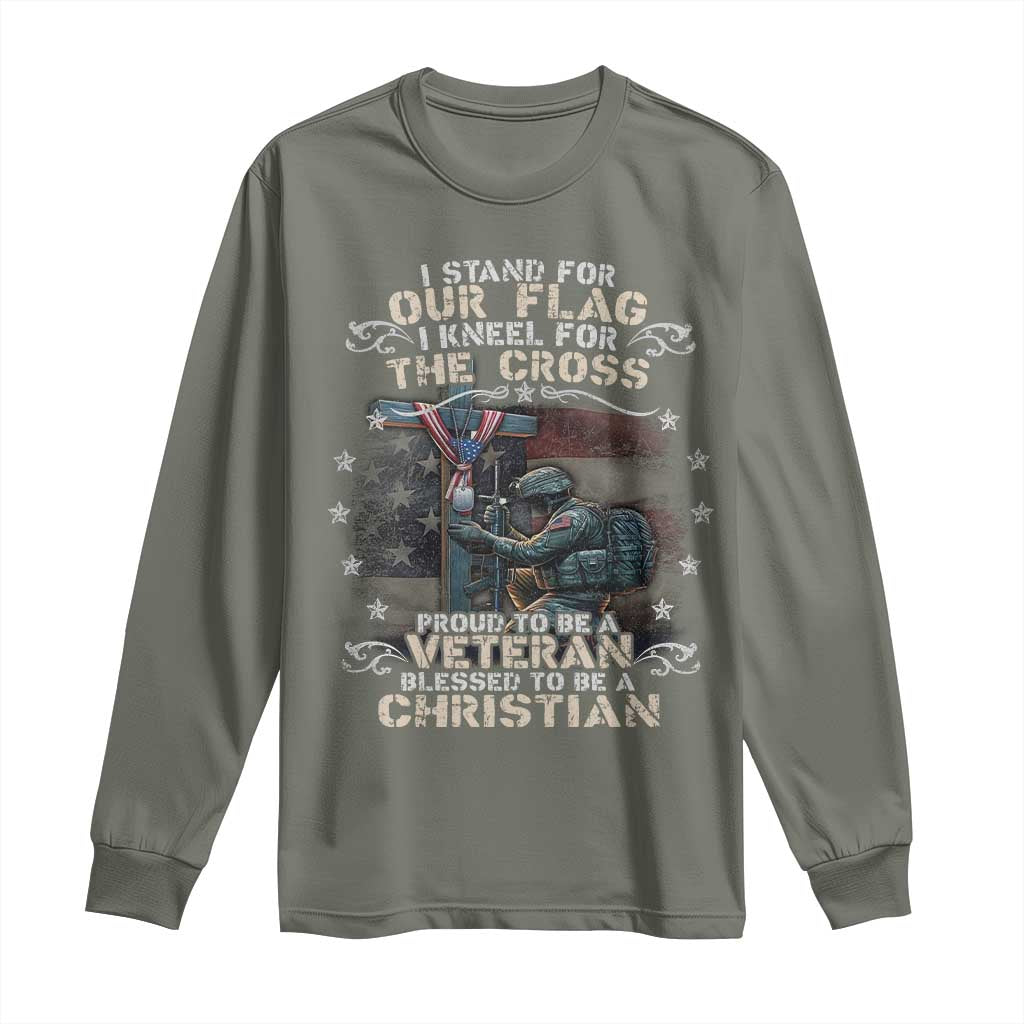I Stand For Our Flag I Kneel For The Cross Proud Christian Veteran Long Sleeve Shirt TS11 Military Green Print Your Wear