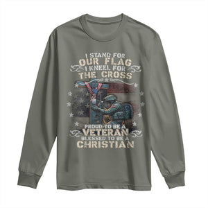 I Stand For Our Flag I Kneel For The Cross Proud Christian Veteran Long Sleeve Shirt TS11 Military Green Print Your Wear