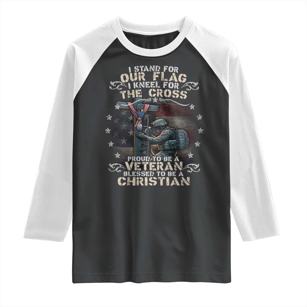 I Stand For Our Flag I Kneel For The Cross Proud Christian Veteran Raglan Shirt TS11 Black White Print Your Wear