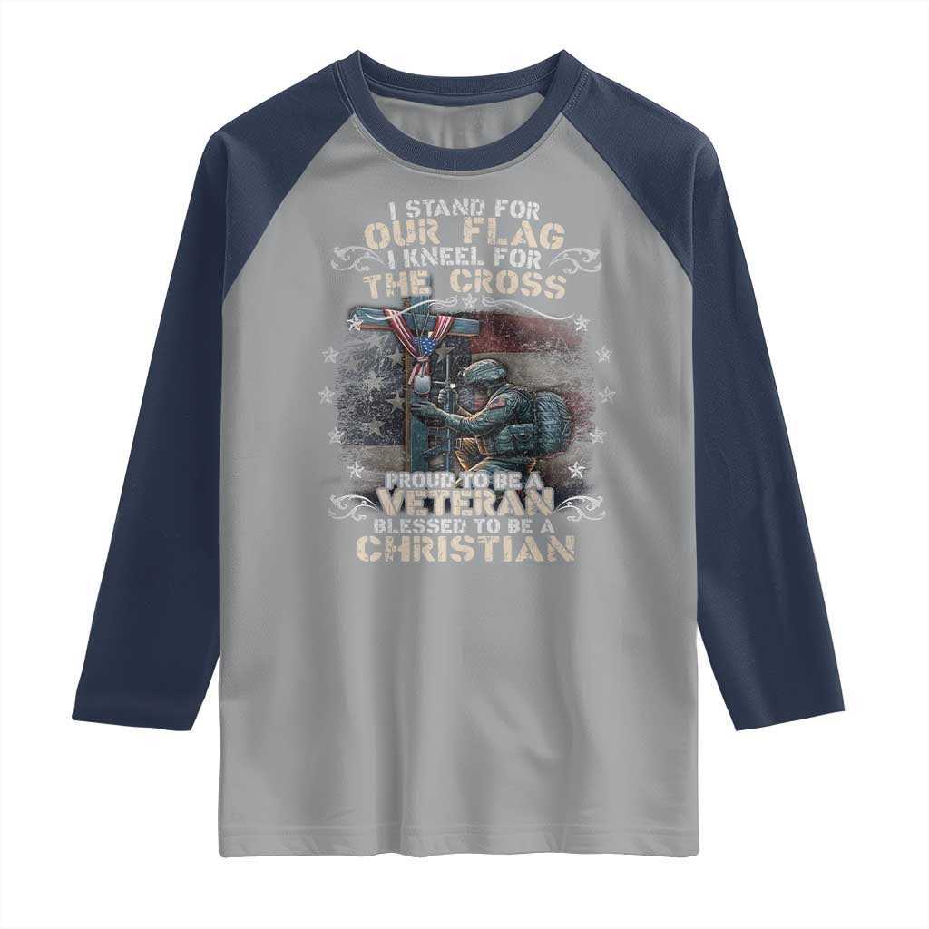 I Stand For Our Flag I Kneel For The Cross Proud Christian Veteran Raglan Shirt TS11 Sport Gray Navy Print Your Wear