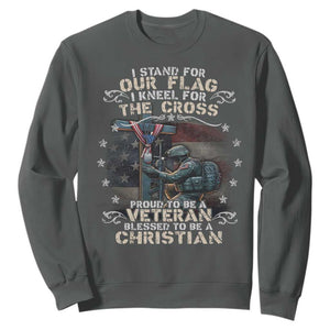 I Stand For Our Flag I Kneel For The Cross Proud Christian Veteran Sweatshirt TS11 Dark Heather Print Your Wear