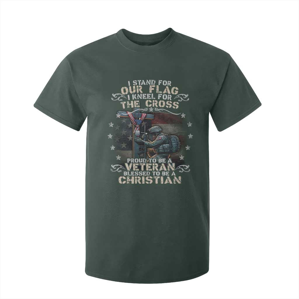 I Stand For Our Flag I Kneel For The Cross Proud Christian Veteran T Shirt For Kid TS11 Dark Forest Green Print Your Wear