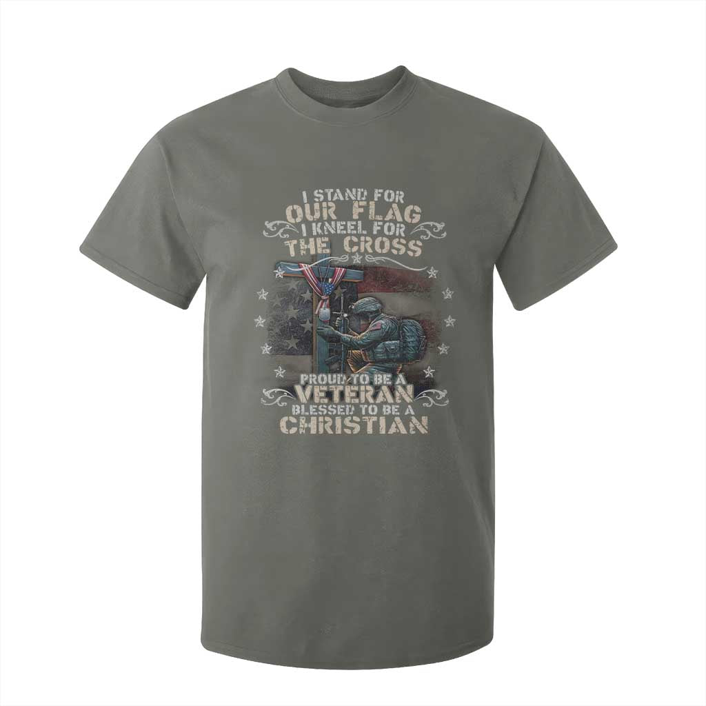 I Stand For Our Flag I Kneel For The Cross Proud Christian Veteran T Shirt For Kid TS11 Military Green Print Your Wear