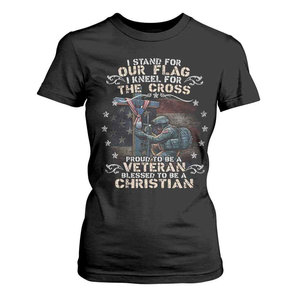I Stand For Our Flag I Kneel For The Cross Proud Christian Veteran T Shirt For Women TS11 Black Print Your Wear