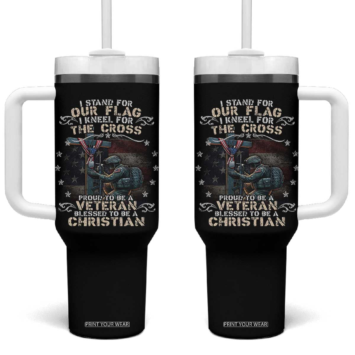 I Stand For Our Flag I Kneel For The Cross Proud Christian Veteran Tumbler With Handle TS11 One Size: 40 oz Black Print Your Wear